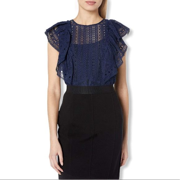 BCBGMaxAzria Nishka Dark Navy Ruffle Lace Top NWT - Picture 3 of 13
